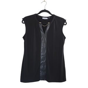 Calvin Klein Blouse Top XL Cap Sleeve Faux Leather Trim Chain Detail Black